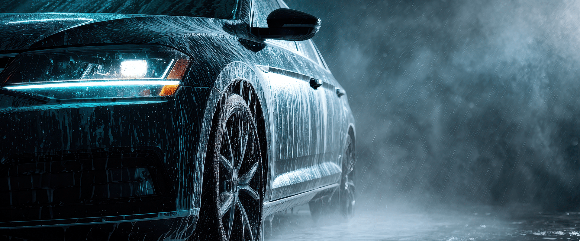 Voiture sombre sous une forte pluie ou lavage haute pression, phare LED bleu allumé, roues mouillées.