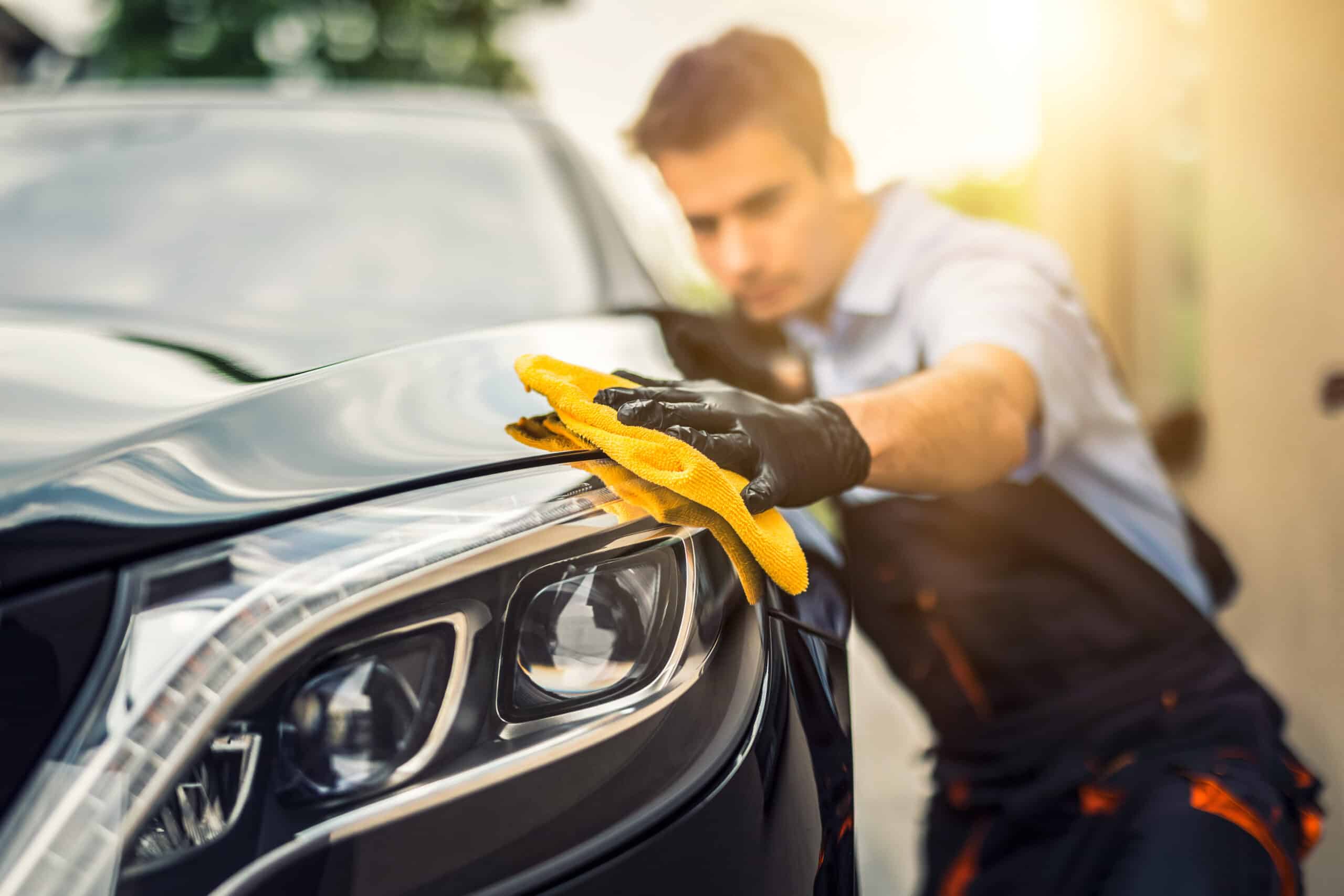 Homme en gants noirs lustrant la carrosserie noire et le phare d'une voiture avec un chiffon microfibre jaune.