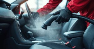 Détail d'un nettoyage vapeur intérieur de voiture : gant noir appliquant de la vapeur sur le siège en cuir noir.