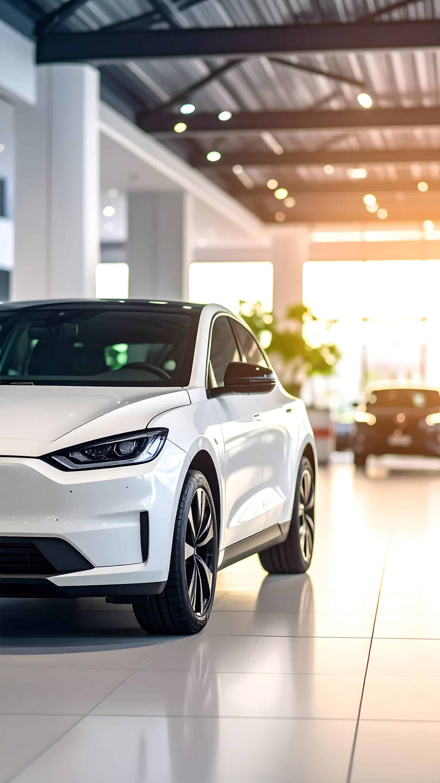 Vue en gros plan d'une voiture électrique blanche moderne dans un showroom lumineux avec un sol carrelé réfléchissant et une autre voiture sombre floue en arrière-plan.